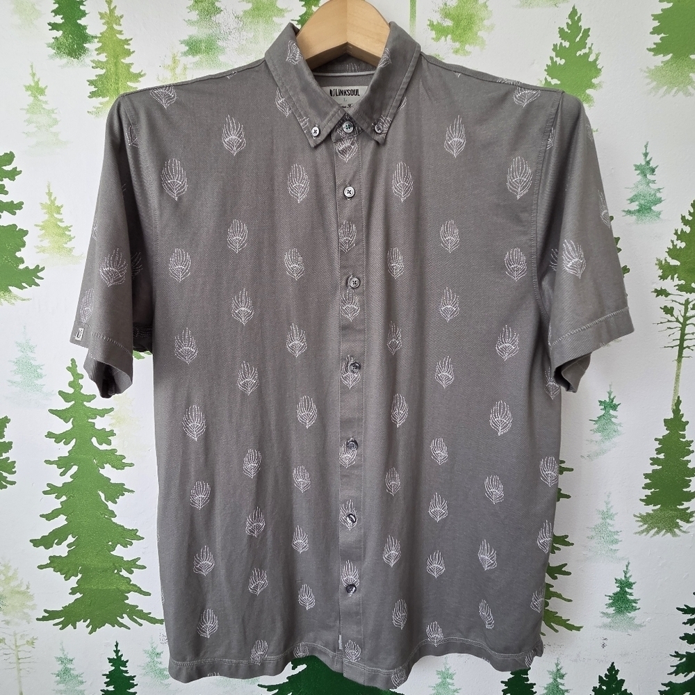 Linksoul Gray Leaf Pattern Men's Button Down Shirt